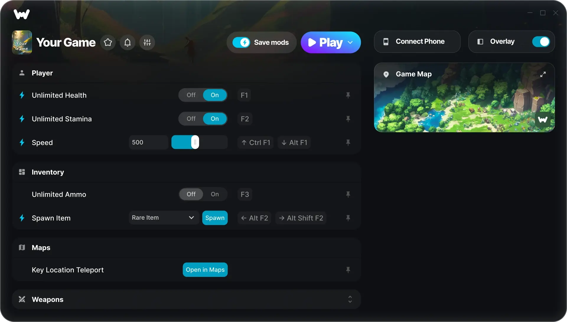 WeMod desktop window showing trainer toggles, Play control, and game map panel
