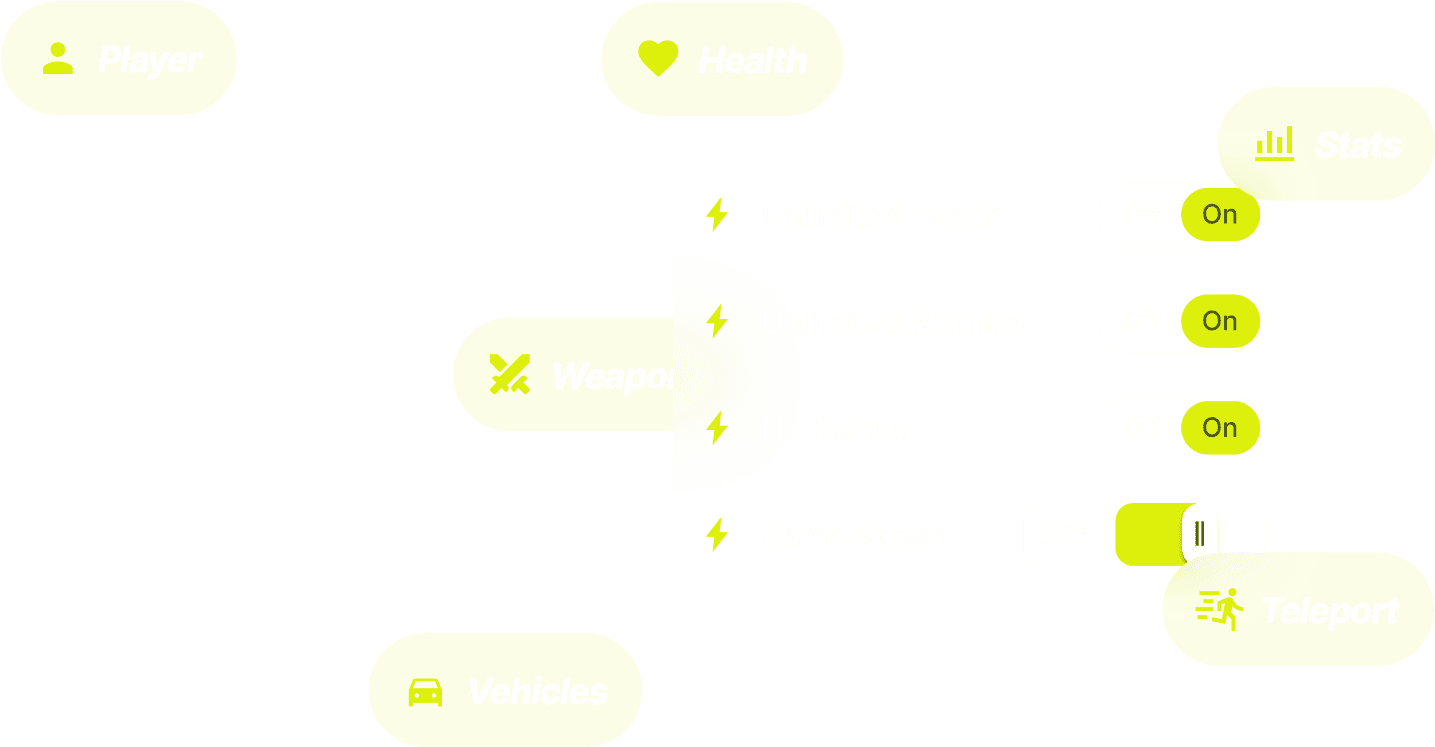 WeMod trainer category pills and toggle panel